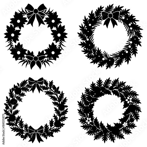 Four black and white wreath with bows and floral