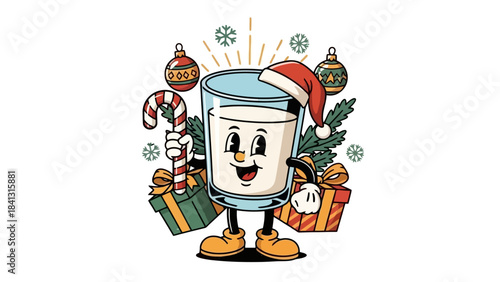 Retro Christmas Milk Character with Candy Cane, Gifts, and Ornaments