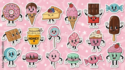 Retro Cartoon Sweets Stickers with Faces on Pink Starry Background