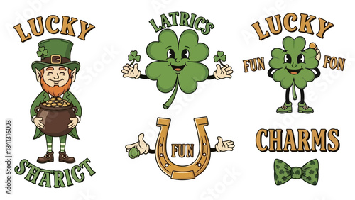 Retro St. Patrick's Day Cartoon Illustrations: Leprechaun, Clover, Horseshoe, and Bow Tie