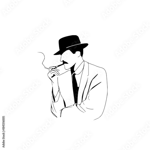 Man in suit smoking pipe with hat and mustache in a black and white minimalistic line drawing style image