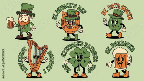 Retro St. Patrick's Day Cartoon Characters and Symbols with Festive Text