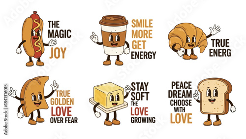 Retro Cartoon Food Characters with Motivational Quotes, Vector Illustrations Set