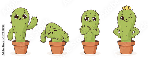 Cute cartoon cactus characters in terracotta pots showing various emotions like happy, sad, shy, and proud with a flower vector illustration