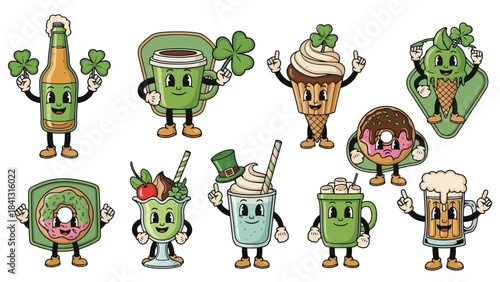 Retro St. Patrick's Day Cartoon Drinks and Treats with Shamrocks Vector