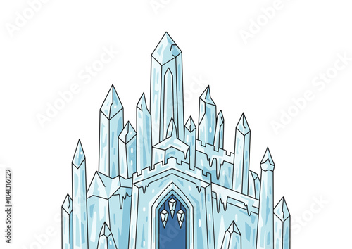 Majestic fantasy ice castle illustration featuring sharp crystal towers, frozen spires, and a grand entrance for a fairy tale concept