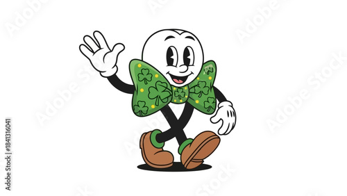 Cartoon Tooth Character with Clover Bow Tie Waving Hello