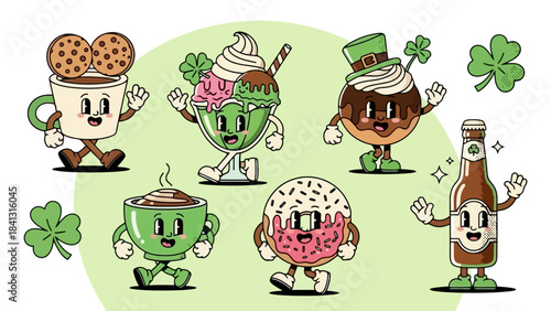 St. Patrick's Day Characters: Cute Food and Drinks with Clover and Leprechaun Hat
