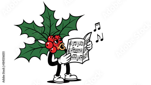 Cartoon Holly Character Singing Christmas Carols from Sheet Music