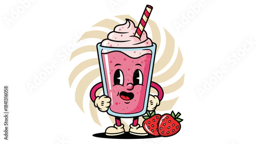 Retro Strawberry Smoothie Character with Straw and Strawberries, Fun Cartoon Style