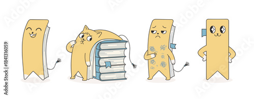 Set of cute cartoon cat bookmarks / book characters showing various literary emotions like happy, tired, overwhelmed, and knowledgeable vector