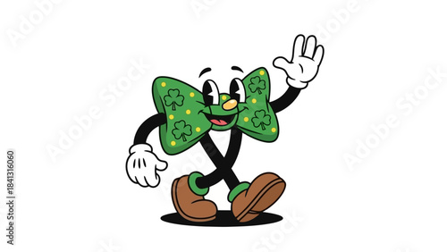 St. Patrick's Day Green Bowtie Character with Shamrocks Waving Hello