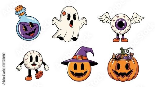 Retro Cartoon Halloween Characters Set: Ghost, Pumpkin, Eyeball, and Potion Bottle