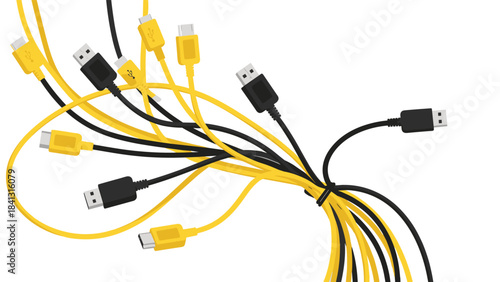 A tangled mess of various yellow and black charging cables and connectors isolated on white background