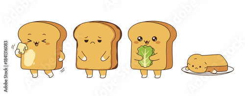 Set of cute cartoon toast characters showing different food concepts like buttering, plain, holding lettuce, and being a sad sandwich vector