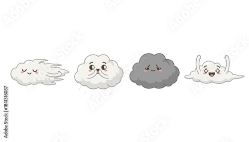 Set of cute cartoon cloud characters illustrating various weather and emotions: windy, raining, grumpy storm, and ecstatic sky vector