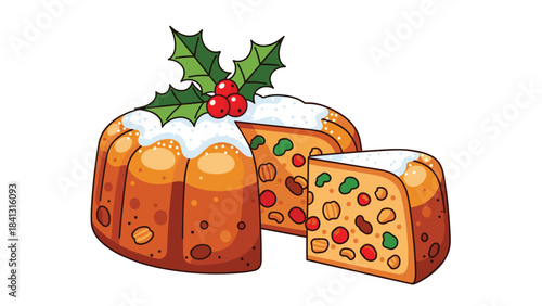 A delicious christmas pudding with holly on top and a slice cut out to show the colorful dried fruit inside on a white background