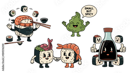 Retro Sushi Food Characters and Condiments Vector Collection Fun Illustration