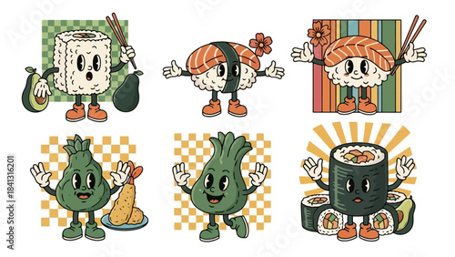 Retro Cartoon Sushi and Vegetable Characters with Food Elements Vector Art