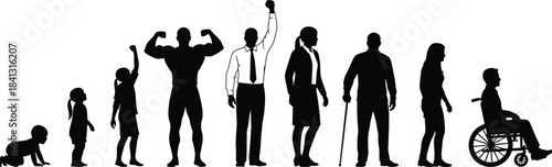 Human Life Stages and Diversity Silhouette, Evolution from Baby to Senior with Disability, Growth, Power, Career, and Aging Concept Vector