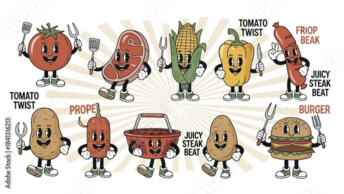 Retro Cartoon BBQ Foods Characters Set with Grilling Utensils and Text