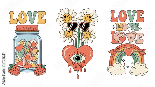Retro Groovy Love Theme Illustrations with Flowers, Heart, and Rainbow Elements