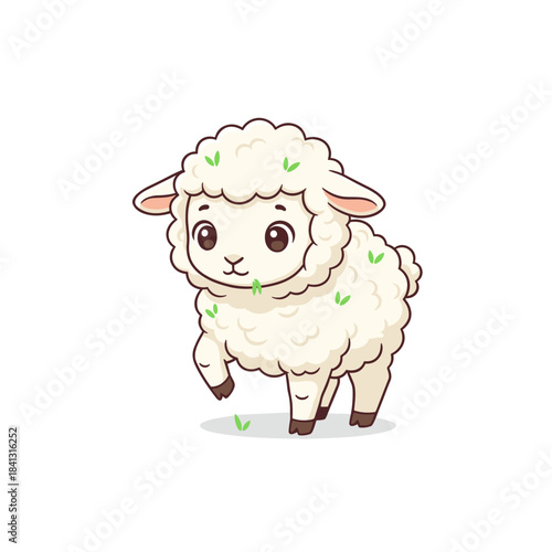 Adorable cartoon white lamb or sheep illustration happily grazing on grass with gentle, fluffy wool on white background vector