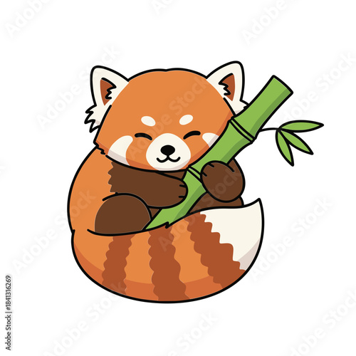 Cute cartoon red panda character sitting and happily hugging a green bamboo stalk with closed eyes on white background vector