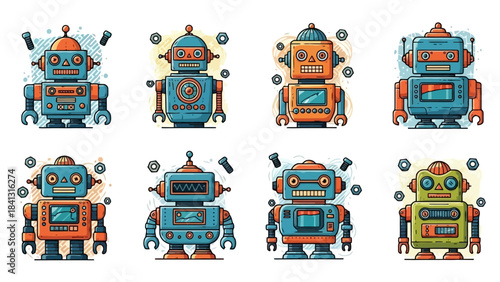 Collection of Retro Robot Illustrations, Vintage Sci-Fi Characters, Futuristic Technology