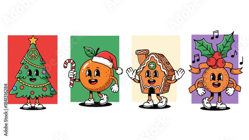 Retro Cartoon Holiday Characters: Christmas Tree, Orange, Gingerbread House, Holly
