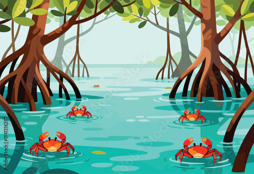 Red crabs navigate shallow, turquoise water amidst mangrove roots and foliage