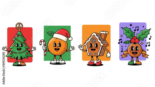 Retro Holiday Cartoon Character Vector Illustration Set: Christmas Tree, Orange, Gingerbread House