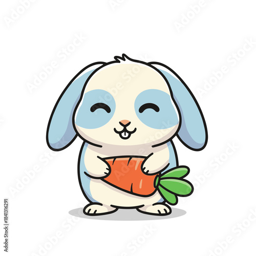 Cute cartoon lop-eared baby bunny rabbit happily holding and eating a large carrot on white background vector illustration