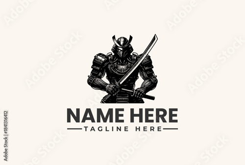 Highly detailed monochromatic illustration of a powerful samurai warrior wearing traditional armor and holding a sharp katana sword across the chest