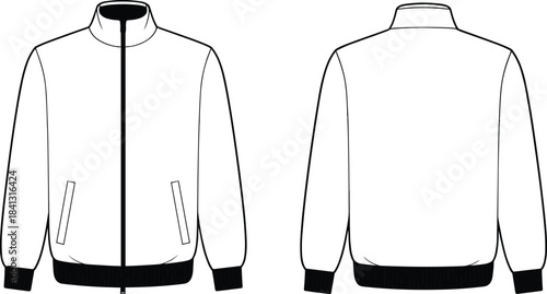 Jacket flat sketch front back view, high collar full zipper design, ribbed cuffs waistband apparel template, fashion garment illustration drawingJacket 