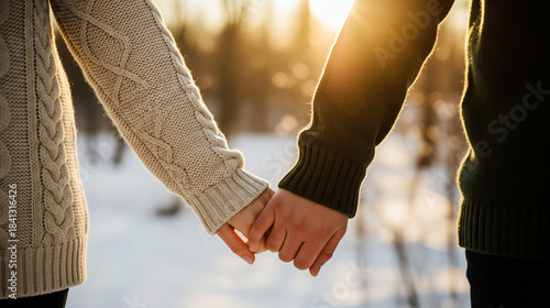 Couple Holding Hands Under Warm Winter Sunset Light