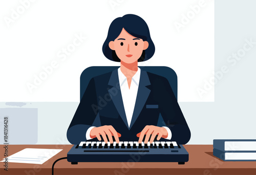 A person in a dark suit plays a keyboard at a desk with documents and books