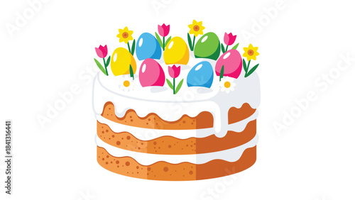 Colorful easter cake with eggs and flowers on top isolated on white background for spring holiday celebration
