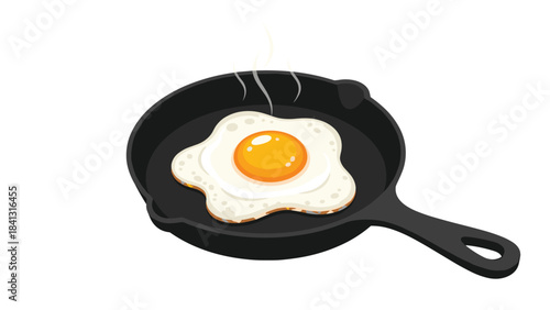Fried egg in a cast iron skillet on white background with steam rising