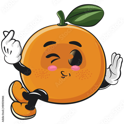 cute orange mascot character lying down sweetly while giving a sign of love, happy mandarin fruit cartoon vector illustration, work of hand drawn