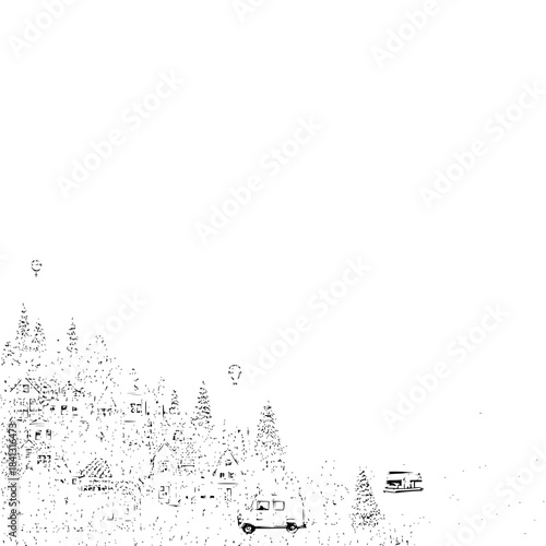 Scenic landscape with houses, trees, balloons, and vehicles in a monochrome drawing style illustration