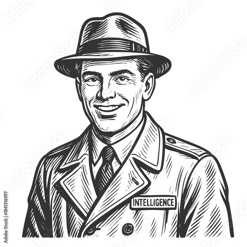 smiling male intelligence officer wearing a trench coat, fedora sketch engraving generative ai fictional character vector illustration. Scratch board imitation. Black and white image.