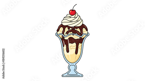 A delicious ice cream sundae with chocolate sauce and whipped cream topped with a cherry in a glass dish on a white background