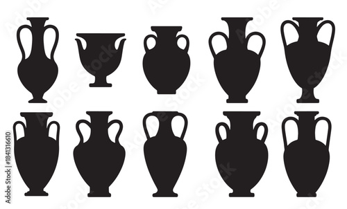 collection of black silhouettes of ancient greek amphorae 