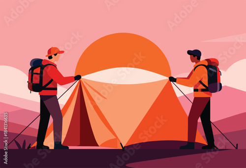Two backpackers setting up a tent against a sunset backdrop