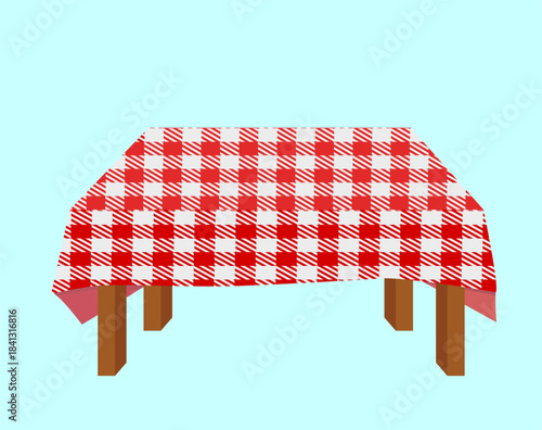 Picnic Wood table. Red and white tablecloth. Wooden table side view with scotch tablecloth