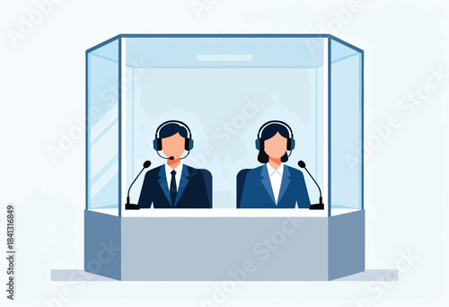 Two people in soundproof booth wearing headphones with microphones, ready for work