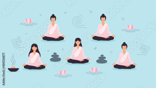 Group of people meditating in a serene environment with lotus flowers and stones on a light blue background