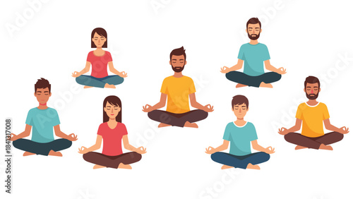 Diverse group of people meditating in lotus position isolated on white background for wellness and mindfulness concepts