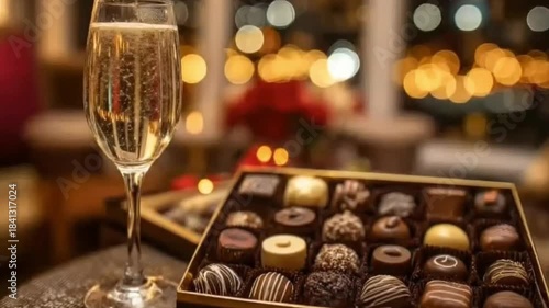 A visually captivating close-up presents an elegant flute glass filled with sparkling, effervescent beverage, its golden bubbles rising gracefully. Adjacent to it sits a luxurious, open box brimming w